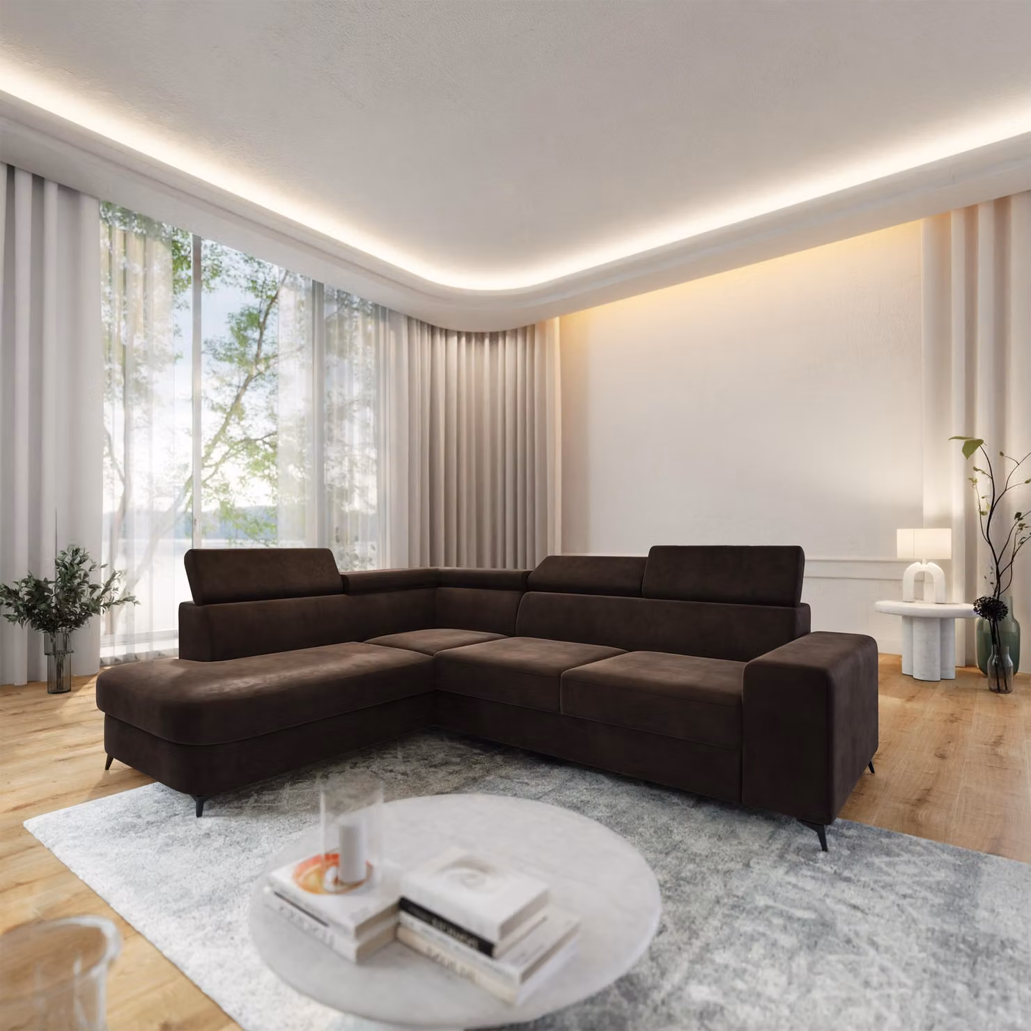 Divano angolare Masseno ALVORO L-S con funzione letto a L, divano con box letto, divano da soggiorno, divano, divano letto, set di divani - marrone, MONOLITH 29