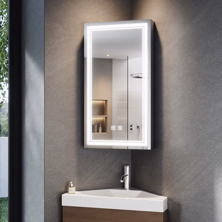 SONNI Armadio a specchio angolare a un'anta 38,5x70x16 cm con doppio interruttore a sfioramento Chiaro e scuro regolabile Tre temperature di colore con funzione antiappannamento