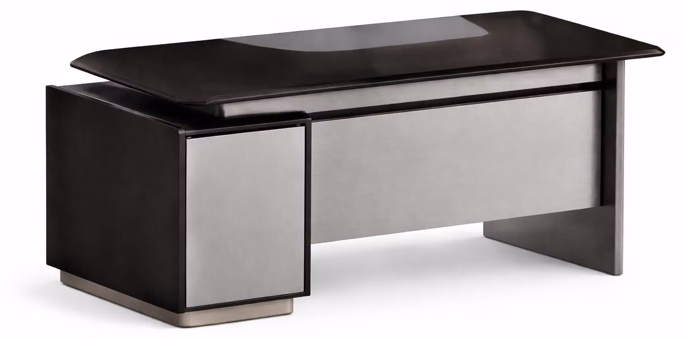 Scrivania da ufficio elegante, nera, con frontale in metallo e spazio di archiviazione, ideale per manager