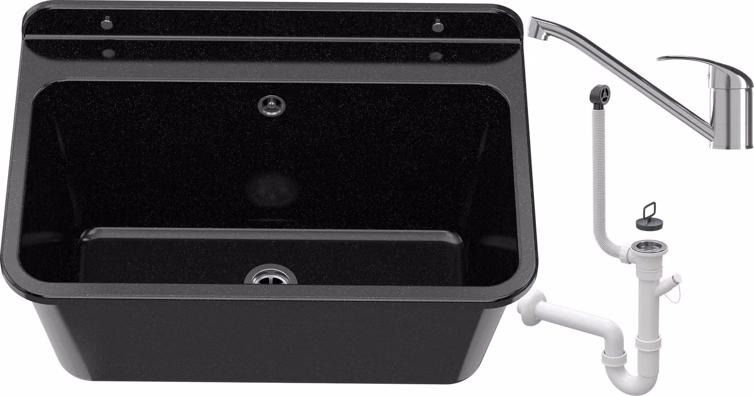 Granitan - Lavabo - Lavello - 61x41x30 cm - Nero - con rubinetteria e sifone - Lavello - LARGE