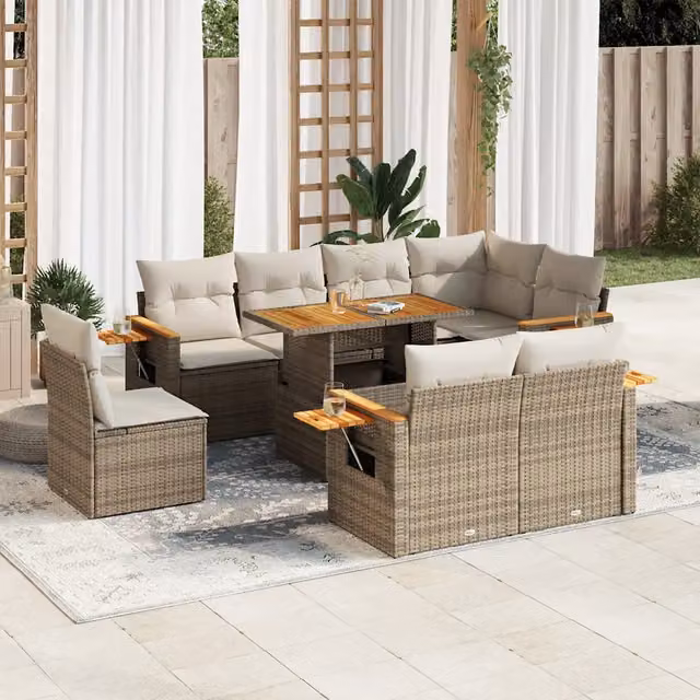 Set Divano da Giardino a L vidaXL in Polyrattan e Legno di Acacia con Cuscini Beige e Tavolino da Esterno 9 Pezzi
