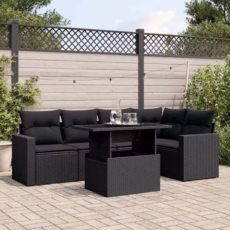 vidaXL Set Divano da Giardino a L in Polyrattan Nero con 6 Pezzi e Cuscini Imbottiti