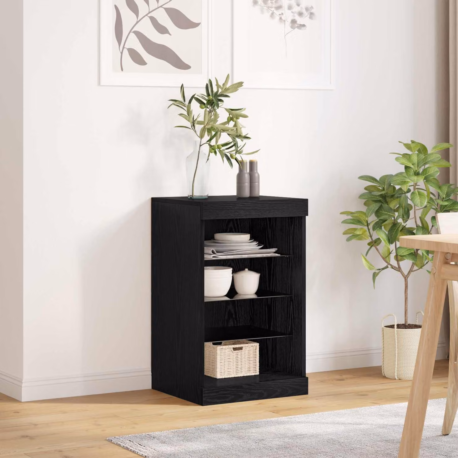 Madia moderna vidaXL con illuminazione LED in rovere nero e vetro L/P/H: 41 x 37 x 67 cm