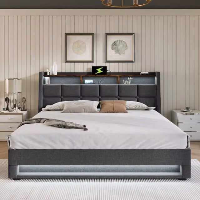 Letto matrimoniale imbottito 140x200 cm con LED; 2 USB e vano contenitore; tessuto effetto lino grigio