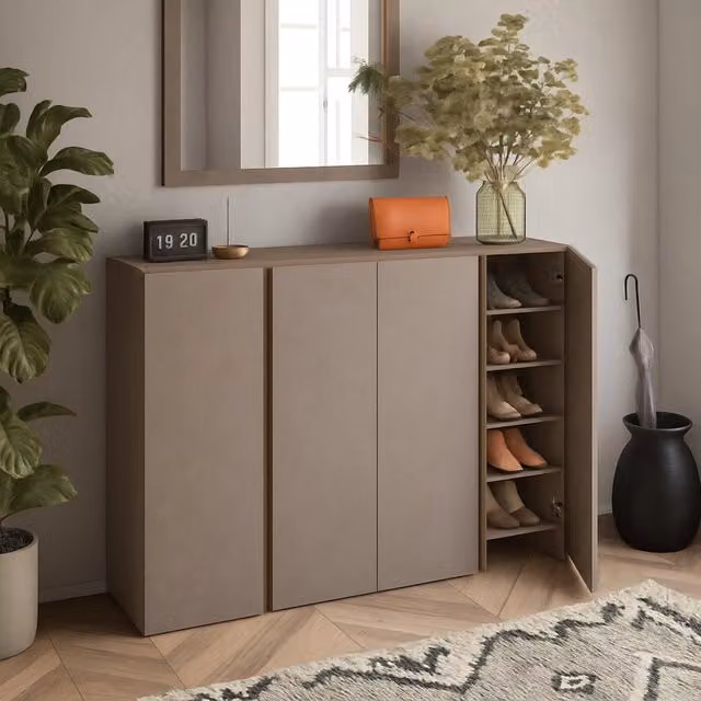 Madia Nebbiuno DMORA con 10 ripiani e ante a battente, colore Marrone Bronzo, L 140 cm x P 35 cm x H 111 cm