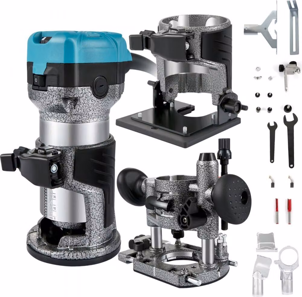 Fresatrice per legno a una mano 710 W Fresatrice per legno elettrica a una mano 33000 giri/min - Base fissa, base inclinabile, base a tuffo, 3 pinze 6,35/6/8 mm - Fresa 6/8 mm Inclusa - Guida per curve, fresa per bordi