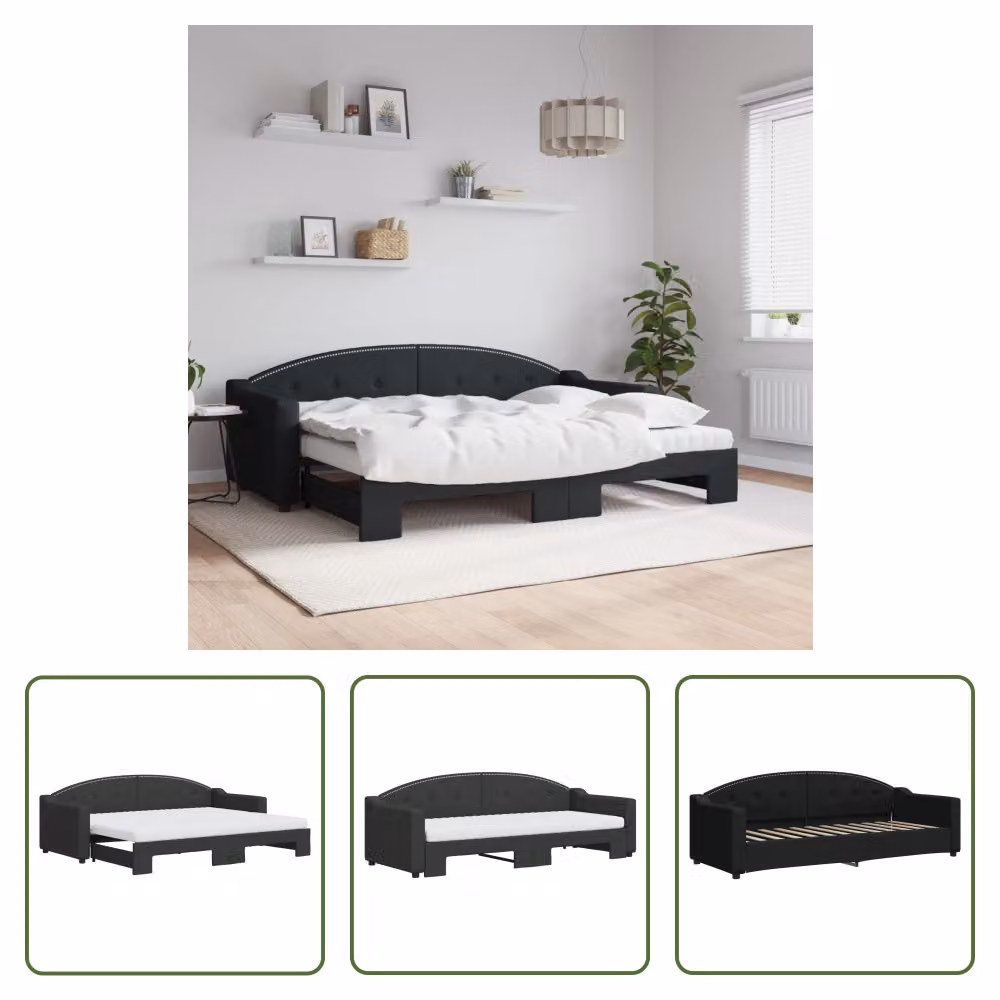 The Living Store Lettino allungabile con materassi nero 80x200 cm in tessuto