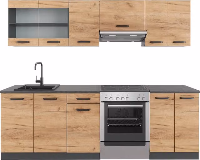 Mobile da cucina R-Line Rovere dorato/Antracite 240 cm, PL Fantasia nera Vicco