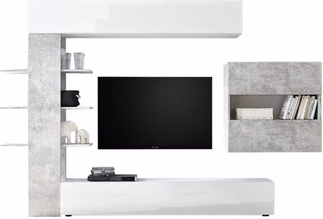 Parete attrezzata da soggiorno Bianco e cemento L.295xP30xh.187 cm EFFEZ