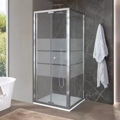 Box doccia d'angolo Ted con porta a soffietto serigrafata in vetro trasparente e profili argento L: 80 cm, P: 70 cm, H: 200 cm – 1