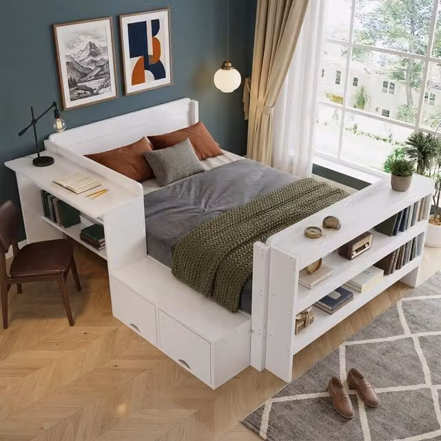 Letto in legno bianco 120x200 cm; struttura in pino con scrivania e contenitori per cameretta