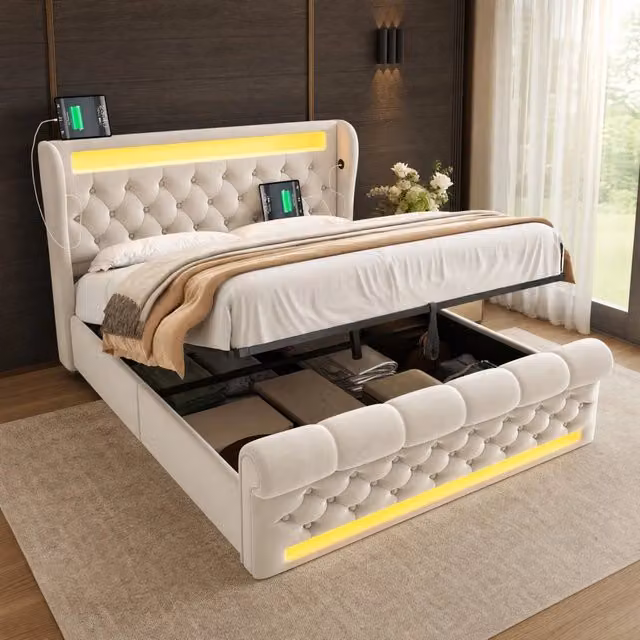 Letto matrimoniale 140 x 200 cm in velluto beige con LED, ricarica USB-C e vano contenitore