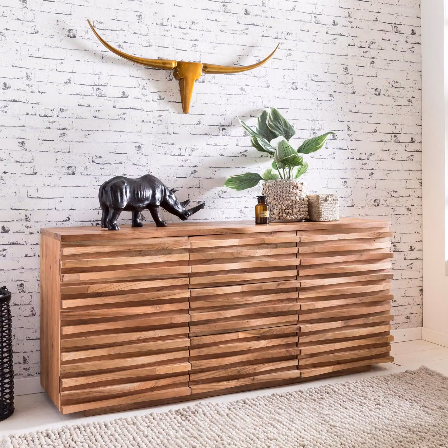 FineBuy Credenza in legno massiccio di acacia 160 cm 2 ante e 3 cassetti - Cassettiera in legno massiccio retrò con frontale di design - Credenza naturale - Fatto a mano Industriale