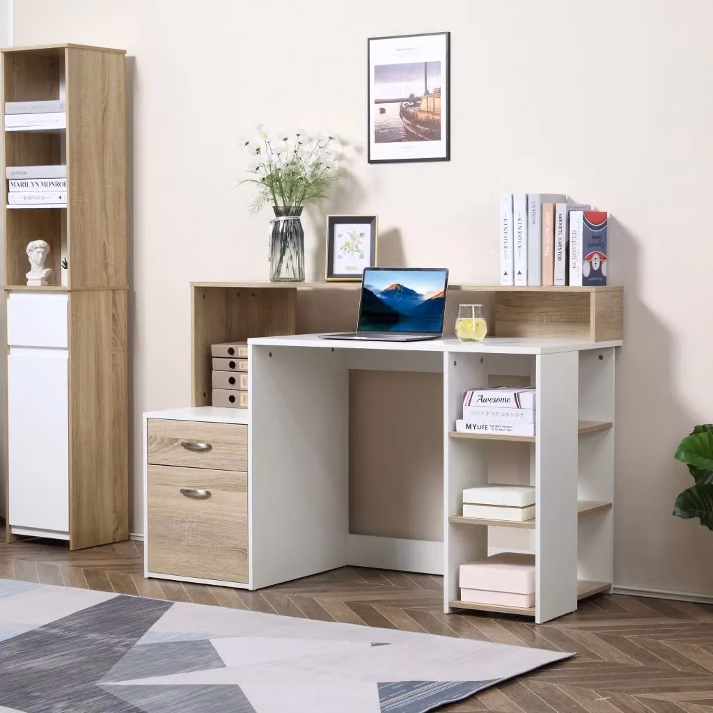 Scrivania da ufficio moderna HMC con cassettiera in MDF e metallo, colore bianco, L: 137 cm, P: 55 cm, H: 92 cm – 2