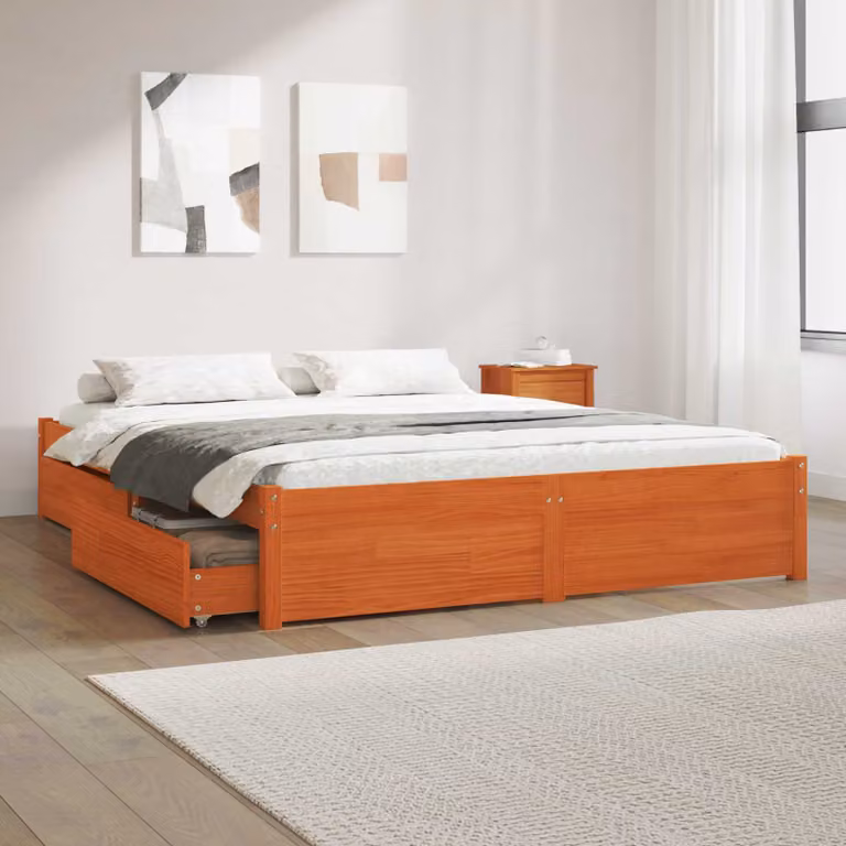 vidaXL Struttura del letto in legno di pino con cassetti, Marrone Cerato, L/P/H: 140 x 190 x 90 cm