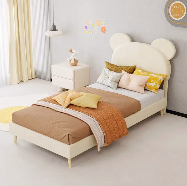 Letto imbottito con testiera cartoon, 90x200 cm, beige, con contenitore pneumatico