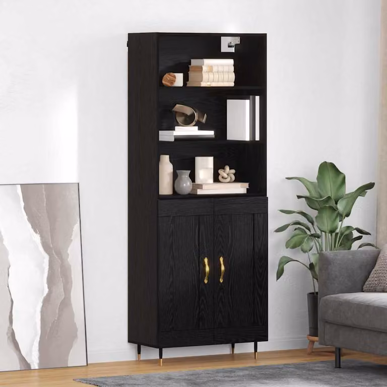 Credenza moderna vidaXL in legno e metallo nero con ante a battente, L: 69,5 cm, P: 34 cm, H: 180 cm