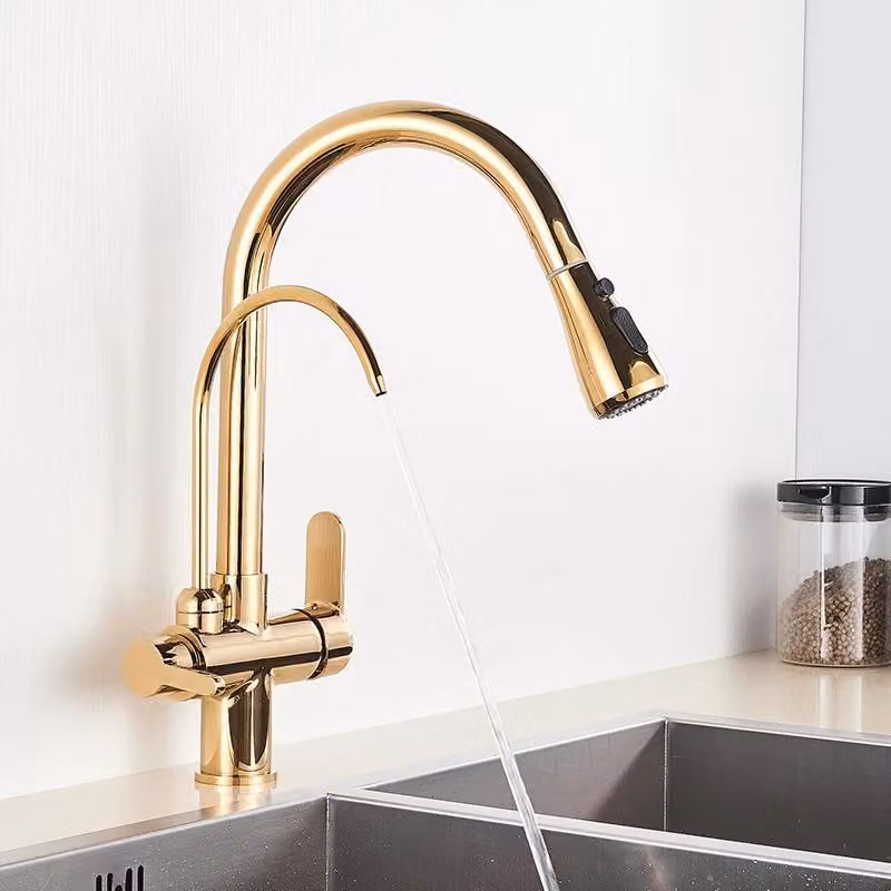 Filtro per l'acqua per rubinetto da cucina - Rubinetto a due maniglie per lavello - Bocchetta a doppio getto girevole a 360° - Acqua calda e fredda - Montaggio su un foro - Finitura dorata spazzolata