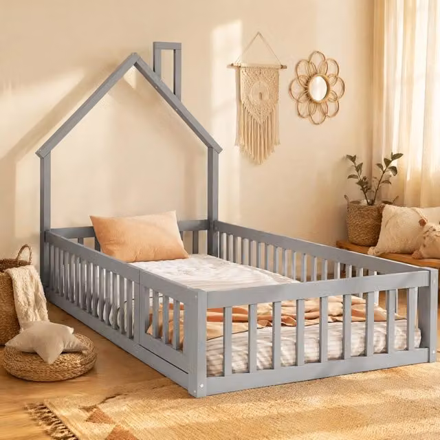 Letto a casetta ULEVR 90x200 cm con camino, rete a doghe e sponde di sicurezza, pino e MDF grigio
