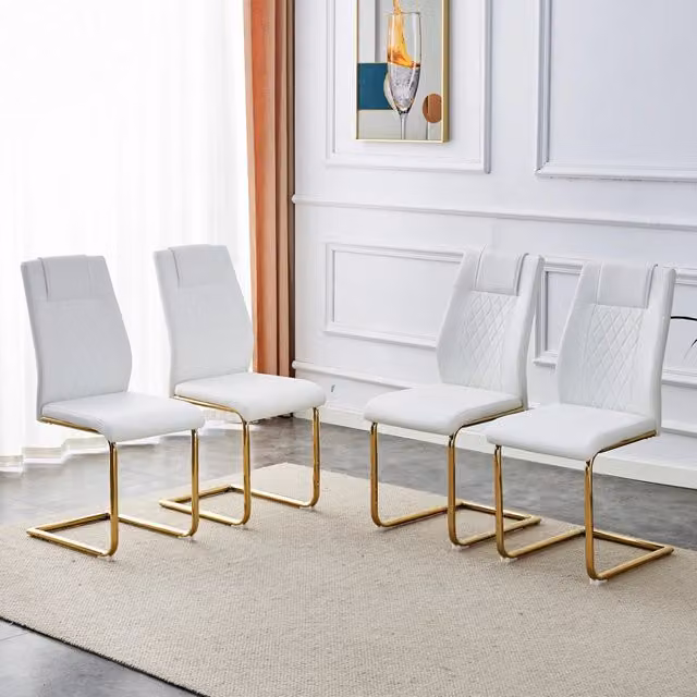 Sedia da sala da pranzo moderna OKWISH in ecopelle bianca con gambe in metallo oro