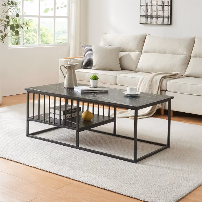 Tavolino 'Raukurg' con un ripiano 120 x 60 x 44 cm aspetto marmo, nero