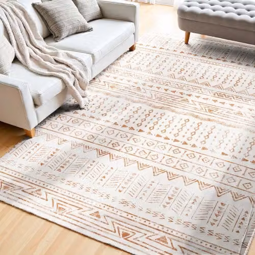 Tappeto per salotto VEVOR beige, modello moderno ed etnico in faux fur, lavabile e antiscivolo, L: 152,4 cm x P: 213,4 cm