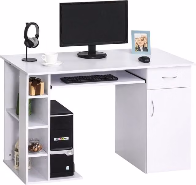 Scrivania da ufficio HMC bianca con ripiano per PC e mensole L/P/H: 120 x 60 x 74 cm – 1