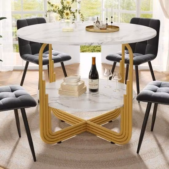Tavolo da pranzo rotondo (80×80×76 cm), tavolo da pranzo per 4 persone, piccolo tavolino rotondo al centro per riporre oggetti, adatto per sala da pranzo e soggiorno, piano in MDF effetto marmo, nero