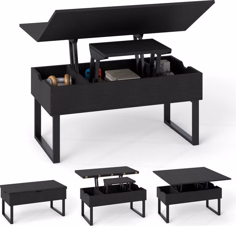 COSTWAY Tavolino regolabile in altezza, tavolino da salotto 3 in 1 con 3 scomparti nascosti, tavolino da caffè trasformabile in tavolo da pranzo, tavolino da divano in legno, nero
