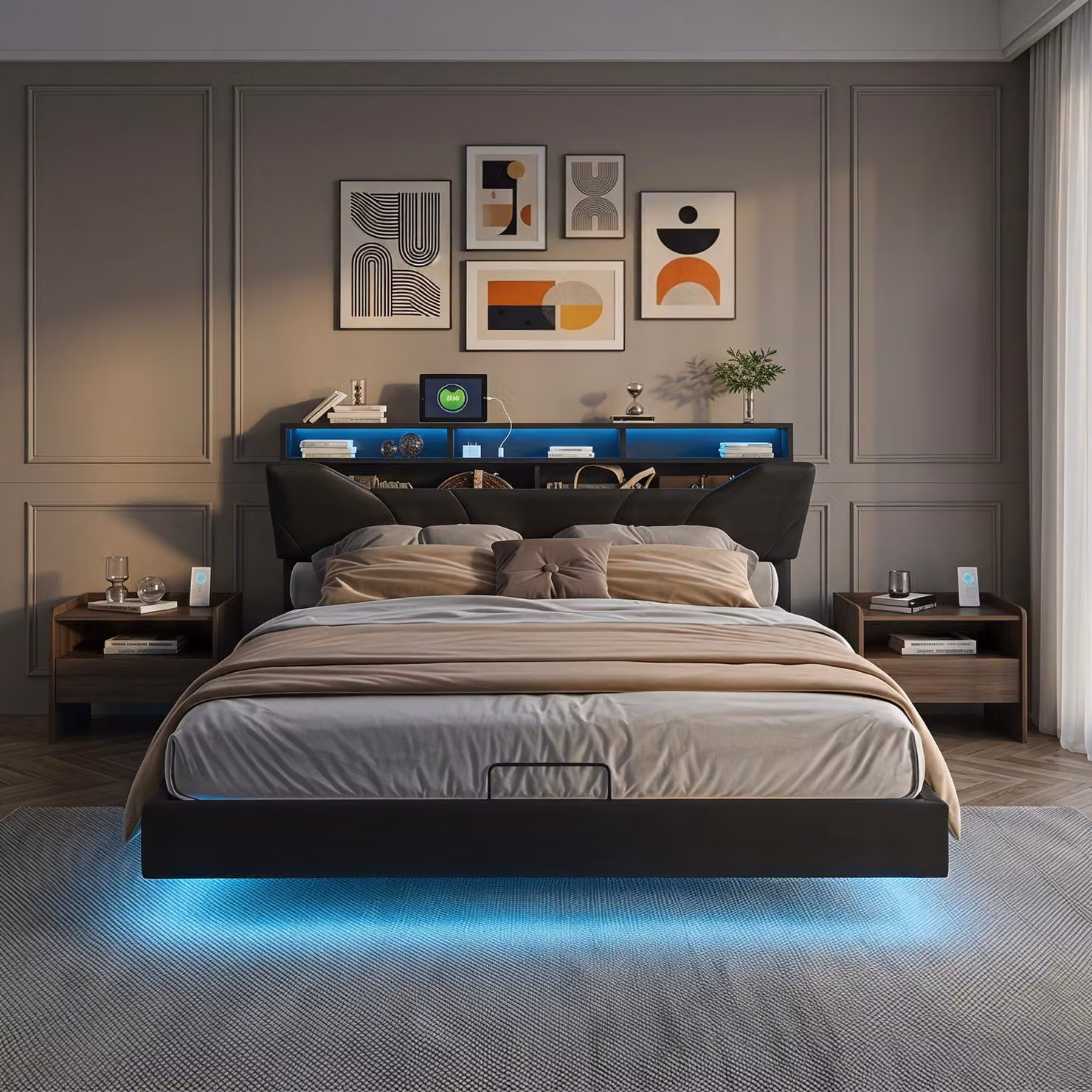 Letto imbottito INONEFT 140x200 cm con stazione di ricarica, letto per ragazzi/matrimoniale con LED e testiera contenitore, letto sospeso multifunzionale, in PU, colore nero