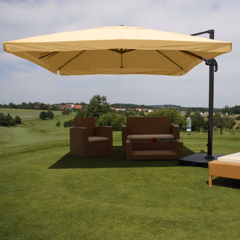 Ombrellone a sbalzo HWC-A96, ombrellone catering 3x3m (Ø4,24m) poliestere/alluminio 23kg ~ Flap, panna con supporto