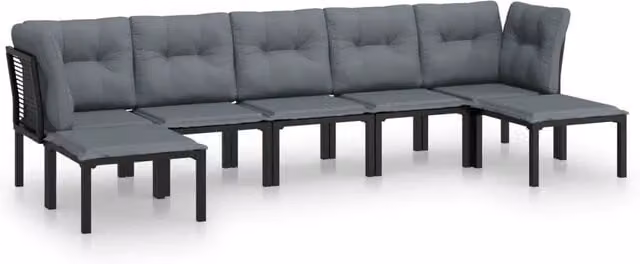 Set Salotto da Giardino Moderno 7 Pezzi in Polyrattan Nero e Grigio con Cuscini Imbottiti e Struttura in Acciaio Verniciato a Polvere