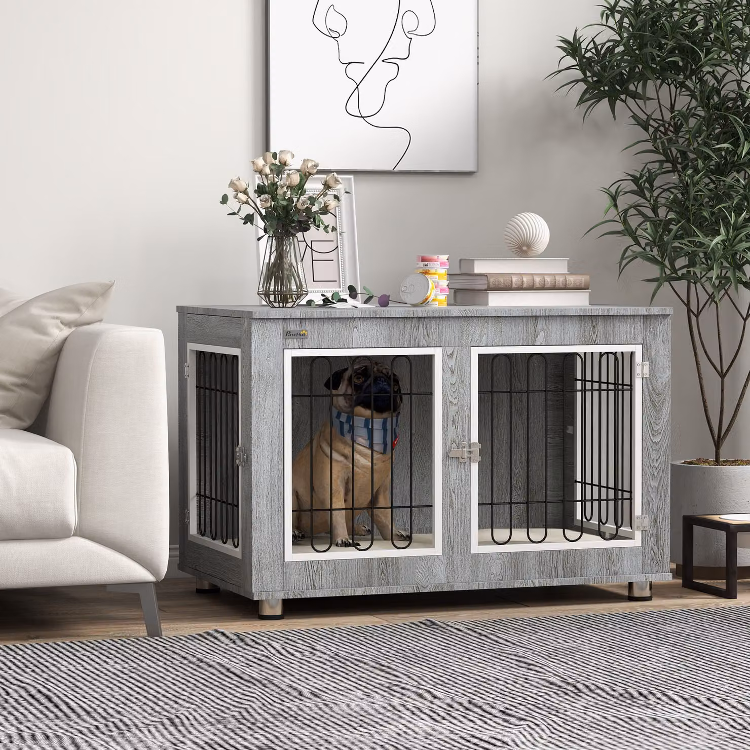 Gabbia per cani PawHut in acciaio con effetto legno e cuscino removibile, grigio, L 90 cm x P 58 cm x H 65 cm – 2