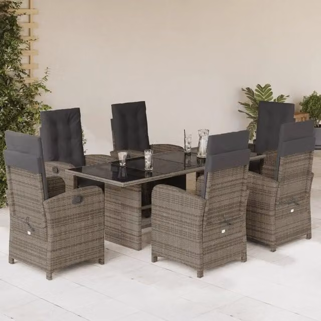 Set da pranzo da giardino vidaXL in polyrattan con cuscini e tavolo in vetro, 7 pezzi, Grigio e Nero – 1