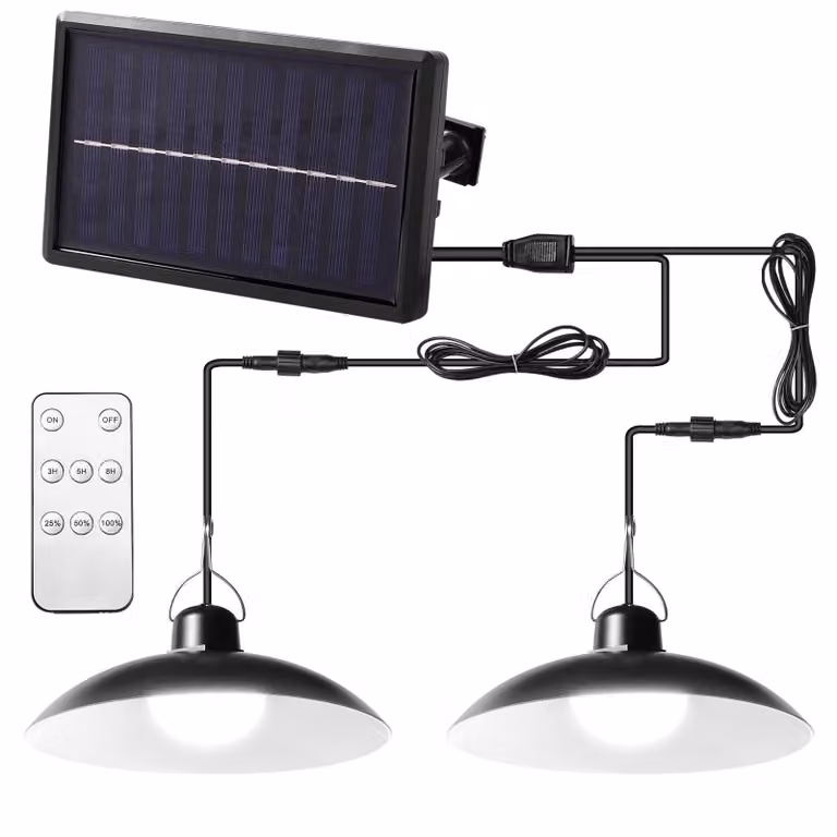 Lampada solare da esterno, lampada a sospensione solare con telecomando, lampada a sospensione LED da esterno per giardino con 2 luci, colore della luce: bianco