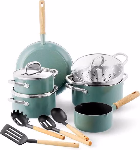 Set di cottura ceramica antiaderente 13 pezzi - Pannini, pentole, set di setole - Maniglie in legno vintage - Senza PFAS - Induzione - Set di pentole in rame blu con maniglie fredde