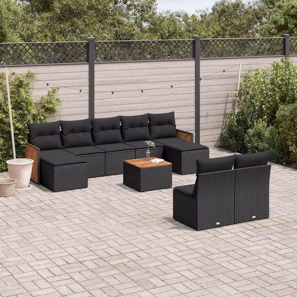 vidaXL Set Divani da Giardino 10 Pezzi in Polyrattan Nero con Cuscini e Tavolino da Caffè – 1
