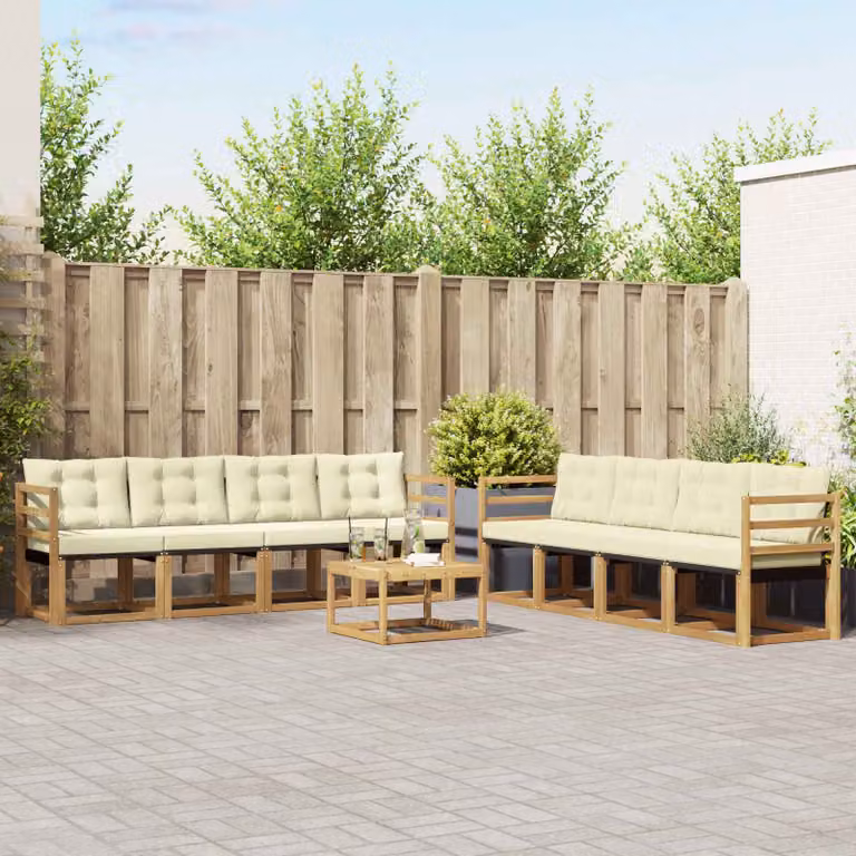 vidaXL Set di divani da esterno 9 pz in legno di acacia con tavolino e cuscini, Bianco, Beige e Marrone