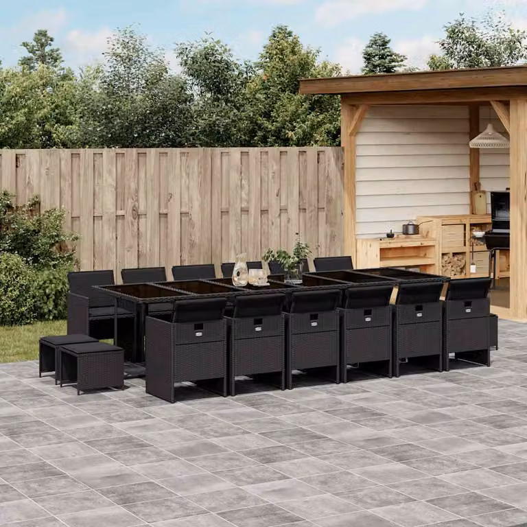 Set da pranzo da giardino vidaXL in polyrattan nero con cuscini e tavolo in vetro per 17 persone