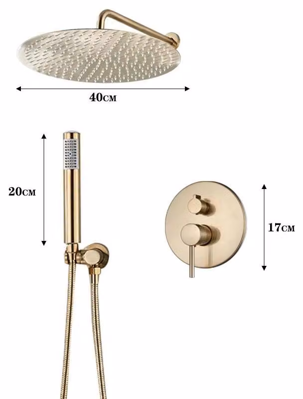 Set per doccia da incasso, miscelatore monocomando per acqua calda/fredda, con soffione da 40 cm, montaggio a parete, finitura in ottone spazzolato dorato
