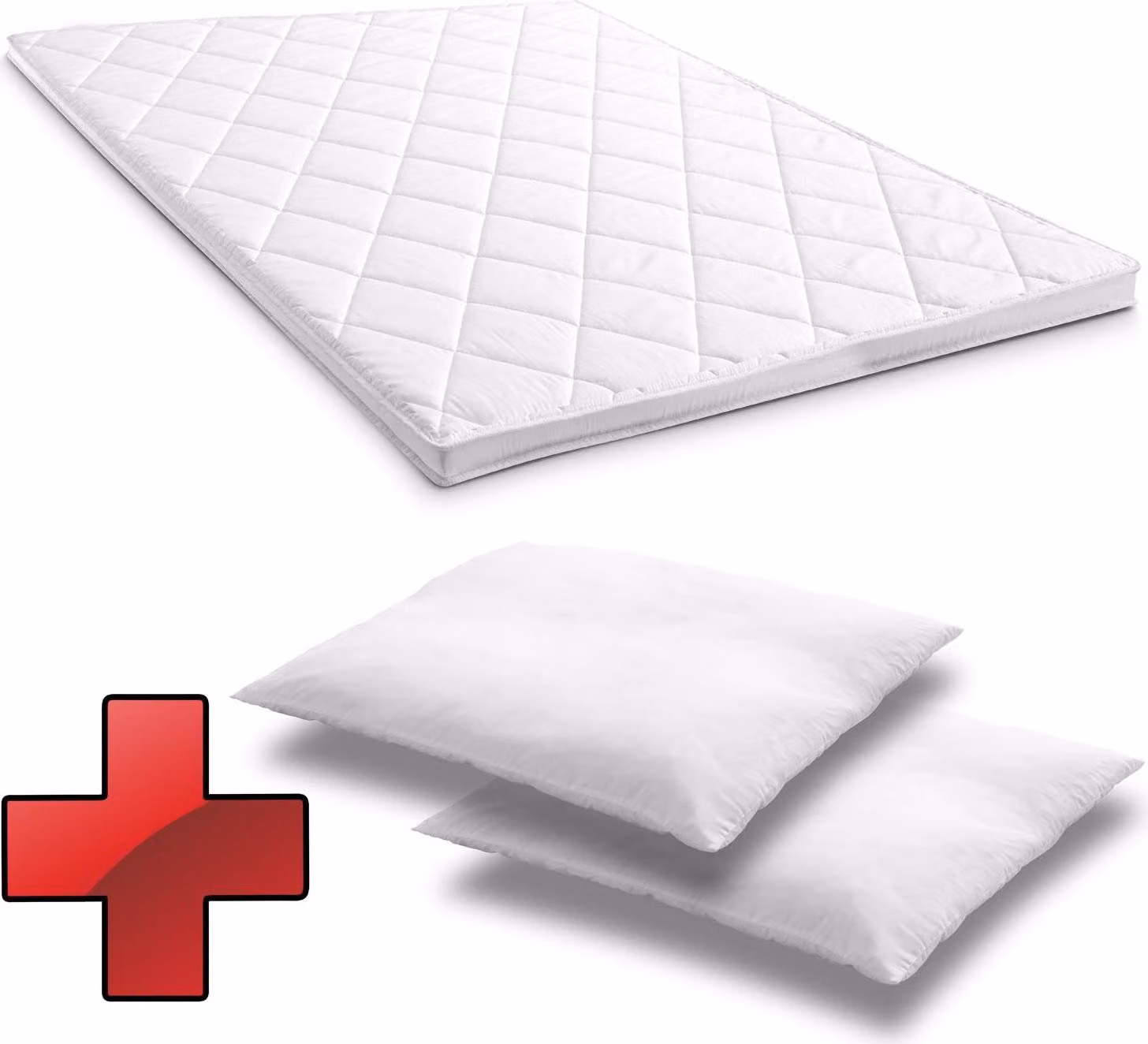 Topper in schiuma comfort T6 180 x 200 cm, altezza 6 cm, livello di compattezza H3 + 2 cuscini in microfibra CloudComfort Basic 80 x 80 cm