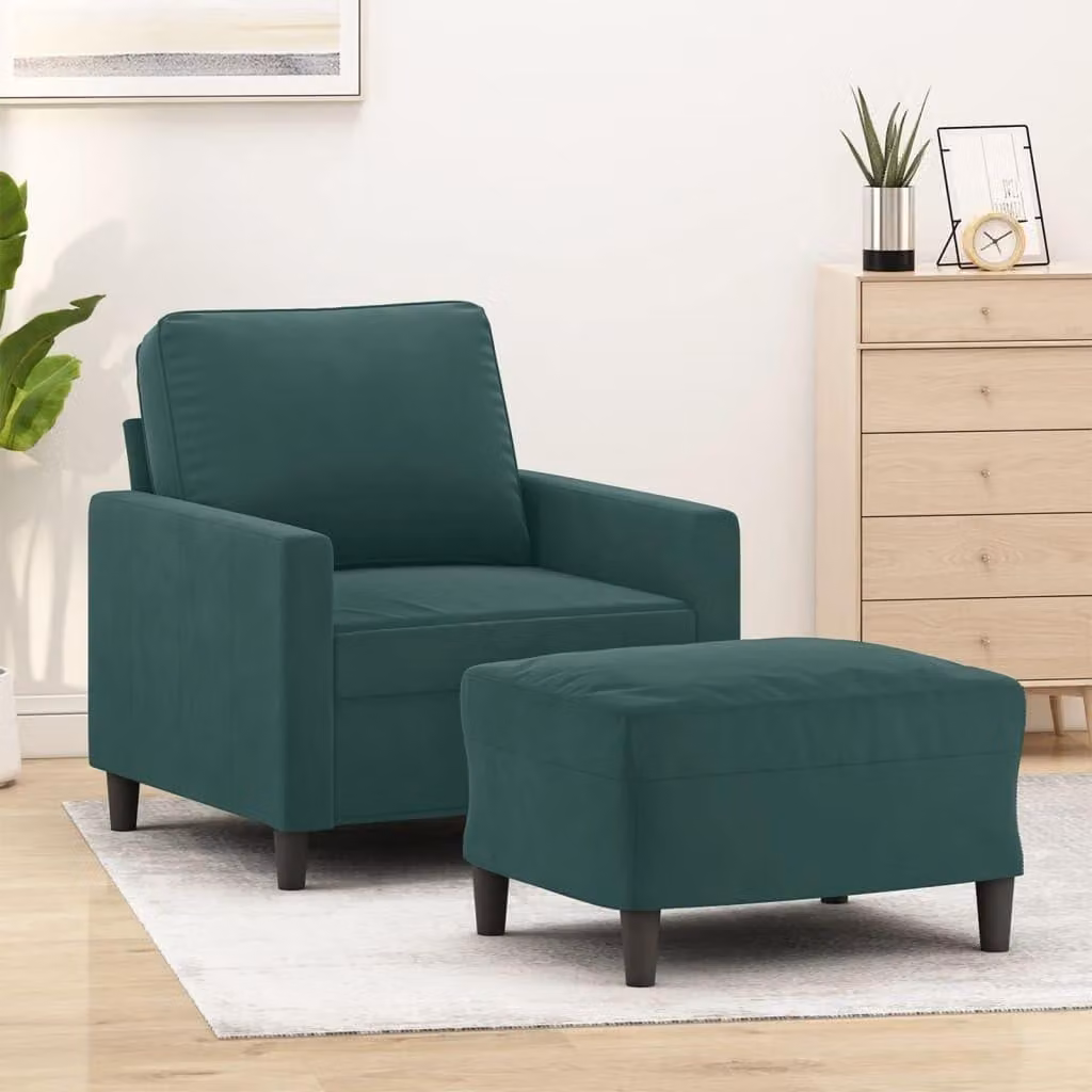 Poltrona con poggiapiedi in velluto color verde scuro, 60 cm, arredamento, divani, verde, 19,55 kg