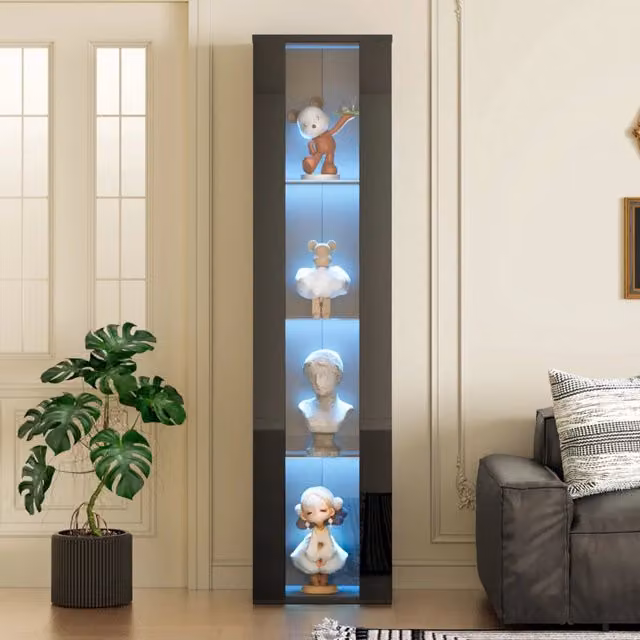 Vetrina REDOM moderna con ante in vetro e illuminazione LED integrata, colore nero, L: 40 cm, P: 29 cm, H: 170 cm