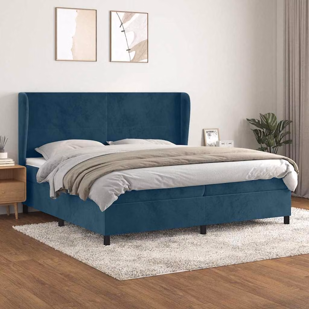 vidaXL Giroletto a Molle con Materasso Ibrido in Velluto Blu e Bianco L/P/H: 200 x 200 x 128 cm – 1