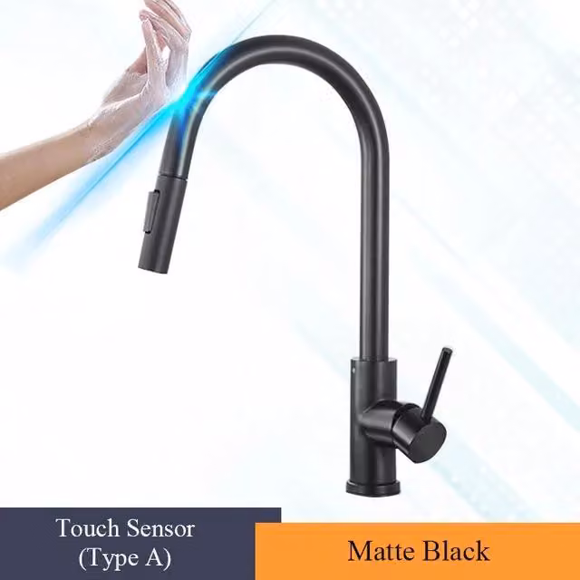 Miscelatore da cucina con sensore - Miscelatore estraibile per lavello - Senza contatto - Rotazione a 360° - Miscelatore monocomando - Acqua calda e fredda - Acciaio inossidabile - Nero opaco