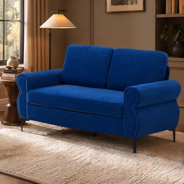 Divano compatto Mivray in tessuto blu con struttura in metallo e legno, cuscini sfoderabili, altezza piedi: 15 cm, altezza seduta: 49 cm