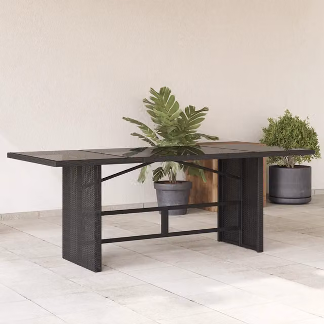 Tavolo da giardino rettangolare vidaXL in polyrattan con piano in vetro nero, L: 190 cm, P: 80 cm, H: 74 cm
