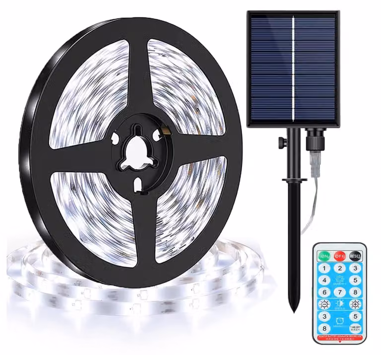 Strisce LED solari, 240 LED, 10 metri, grado di protezione IP65, con telecomando, 8 modalità, luce bianca