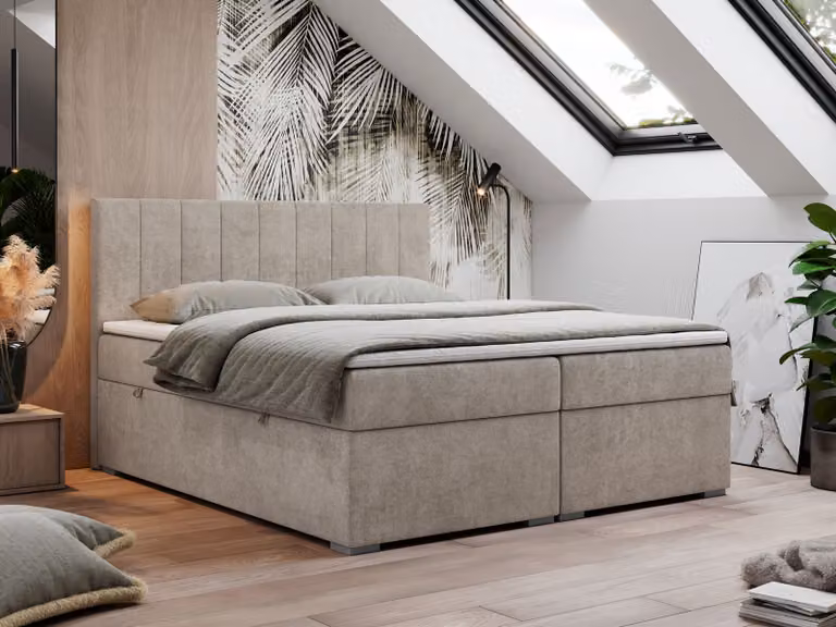 Letto boxspring 180x200, letto 180x200 con materasso e topper, letto boxspring con cassetti, letto matrimoniale - LOPE - 180x200 - Beige - Struttura - H3