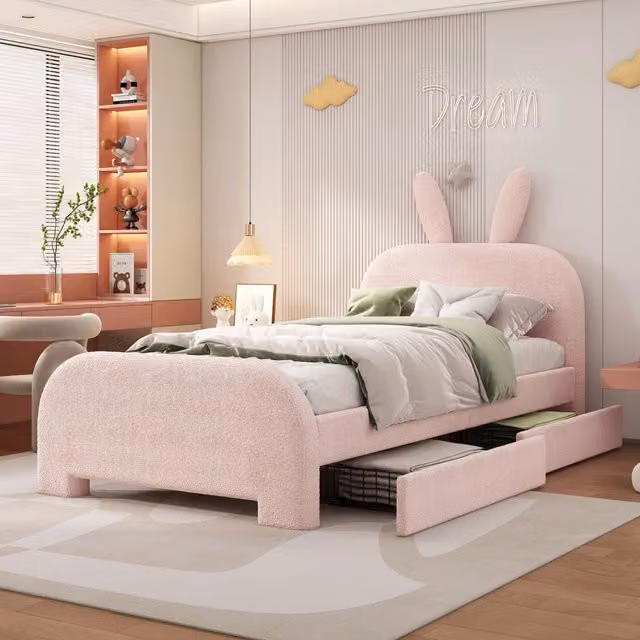 Letto per bambini REDOM rosa in tessuto e MDF con 2 cassetti L/P/H: 213 x 90 x 116 cm